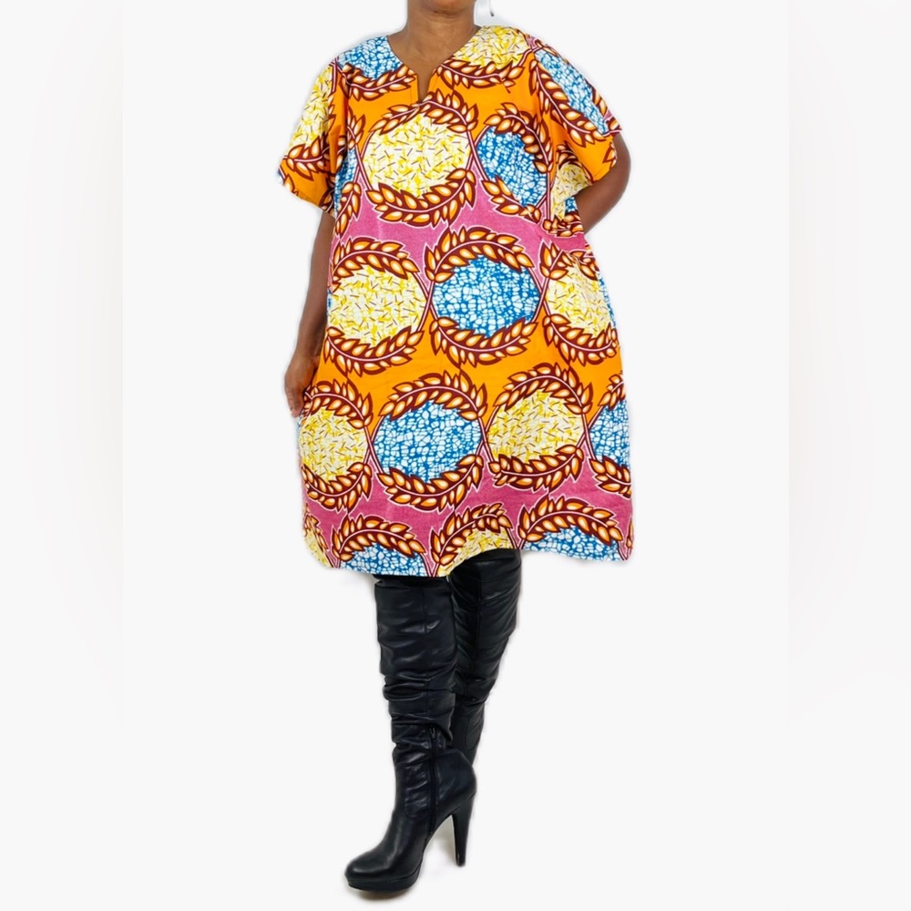Multicolor Floral Print Notch Neck Cotton Midi Shirt Dress
